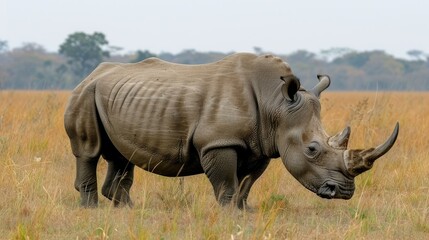 Obraz premium ' A rhinoceros in a grassy field with trees, grazing for wildlife preservation.