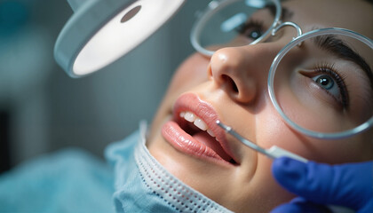 Dentist examining patient with dental tools under bright light, dental care, dentist day