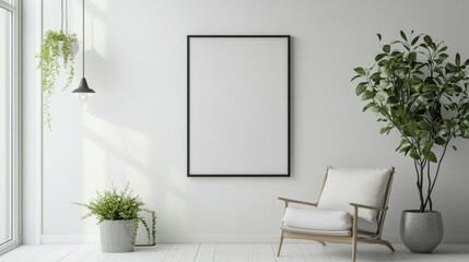 Blank picture frame mockup on white wall. White living room design. View of modern scandinavian style interior with artwork mock up on wall. Home staging and minimalism concept