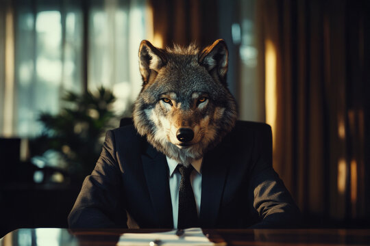 An artistic portrayal of a wolf in a formal suit seated at a desk, representing a unique blend of power and sophistication in a modern corporate environment.