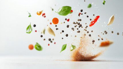 Dynamic culinary motion art with floating spices mid air creates vibrant scene © praewpailyn