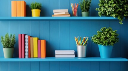 Blue shelf with colorful books, stationery, and potted plants.