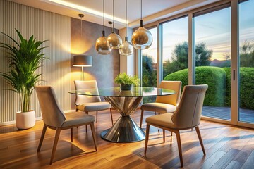 Fototapeta premium Modern Minimalist Round Glass Dining Table in Contemporary Interior Design
