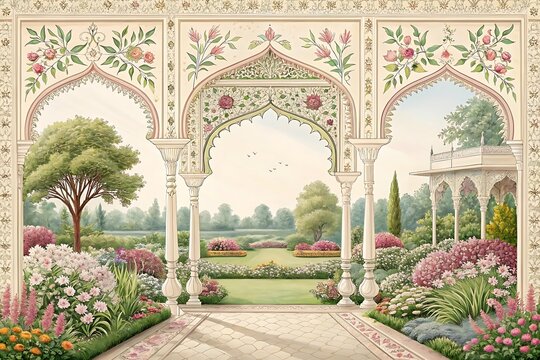 llustration of a traditional Mughal arch garden wedding invitation frame