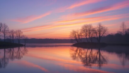 Obraz premium Serene sunrise over a tranquil lake with vibrant skies reflecting on water and silhouetted trees creating a peaceful natural atmosphere.
