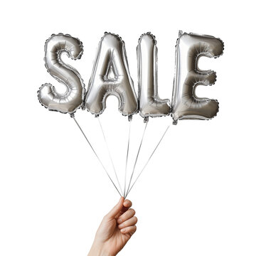 recommend clip art: Shiny silver SALE foil balloons holding by hand image isolated transparent. Elegant promotion baloons cut out photo png. Retail marketing event ballons cutout element object photography