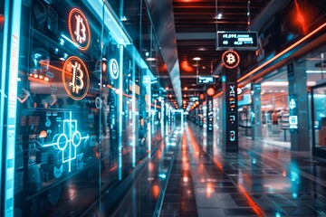 Futuristic shopping mall where all stores accept cryptocurrency payments, with digital currency signs