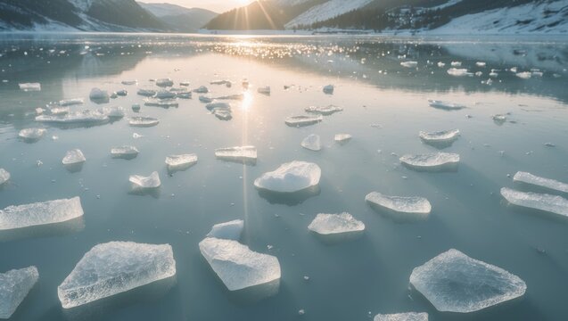 Shimmering sunlight on frozen lake with glacial ice chunks and winter reflections. - Powered by Adobe