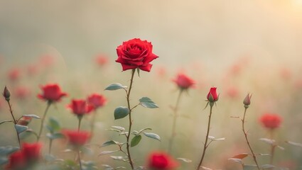 Naklejka premium Single red rose growing amidst a field of similar flowers.