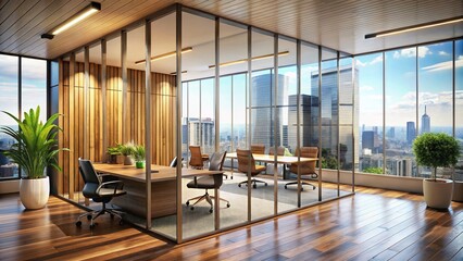 Fototapeta premium Modern Office Interior Design: Wooden Partition & City View - 3D Render