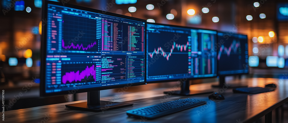 Poster financial data analysis: three computer monitors display charts and graphs, illuminating the complex