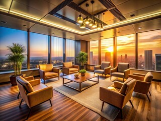 Fototapeta premium Modern Office Meeting Room: Low Light, Comfortable Armchair, Lounge Atmosphere