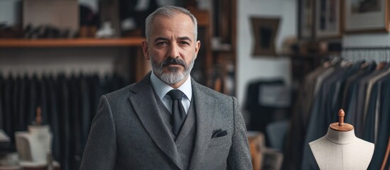 Mature male tailor in grey suit standing confidently in well-lit workshop surrounded by fabric and tailored suits with tailored dummy for classic attire design