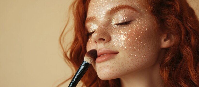 Radiant redhead woman applying sparkling gold glitter on her cheek with makeup brush against soft beige backdrop featuring ample empty copyspace for text