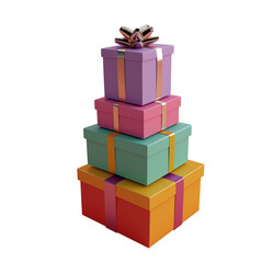 Obraz premium Stacked multicolored gift boxes with metallic ribbons image isolated transparent. Festive occasion presents cut out photo png. Birthday giftboxes cutout element object photography