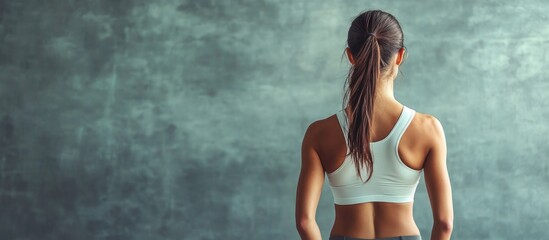 Obraz premium Athletic female in light blue sportswear standing in front of textured gray wall, preparing for a pilates workout with vast empty space behind her.