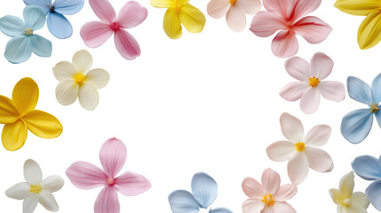 Delicate exotic pastel flowers forming frame image isolated transparent. Floral border cut out photo png. Wedding invitation. Spring theme cutout element object photography