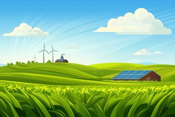 Obraz premium Renewable energy farming windmills and solar panels in lush green fields sustainable agriculture serene rural landscape eco-friendly concept
