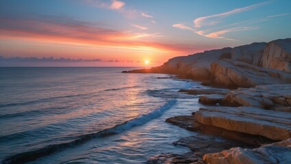 Obraz premium Stunning Coastal Sunset Overlooking Rocky Seascape with Golden Waters and Vibrant Sky Creating a Serene and Dramatic Visual Experience.