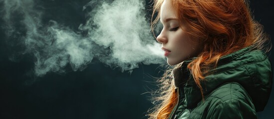 Red haired woman exhaling steam while wearing a green jacket against a dark background with ample empty space for text and branding.