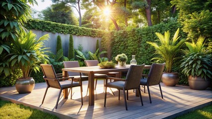 Fototapeta premium Modern Patio Dining Set in Lush Outdoor Greenery – Stock Photo