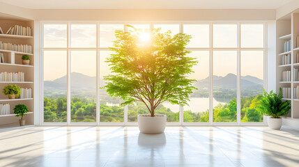 Serene living room with large windows showcasing a breathtaking mountain lake view, a potted tree basking in sunlight, and built-in bookshelves adding a touch of elegance.