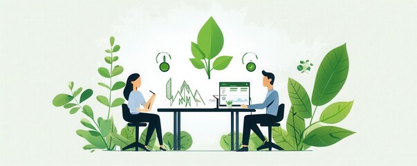 Collaboration in a green office urban setting cartoon style nature-inspired creative workspace data dashboard concept