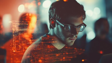 Focused young man in casual attire working on laptop in an office environment with digital network interface overlay vibrant tones and ample copyspace for text