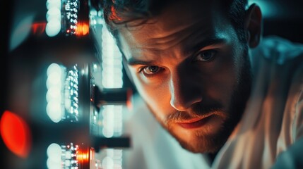 Male IT technician working on a glowing network mainframe in a modern server room with blue and orange lighting, focused on cybersecurity and programming tasks.