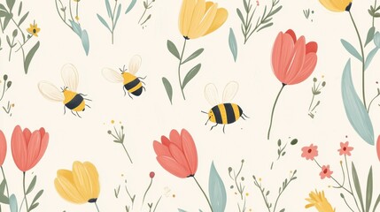 Fototapeta premium Adorable seamless pattern with tulips and cute bees, pastel color