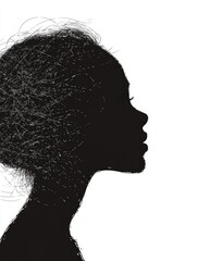 Silhouette of a graceful girl with textured hair against a stark white background, offering ample empty space for creative text placement.