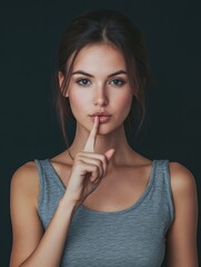 Fototapeta premium Young woman in a grey tank top gesturing silence with a finger to her lips against a deep black background, ideal for communication concepts and copyspace.