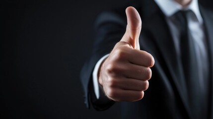 Businessman in formal suit giving thumbs up gesture on dark background with ample empty space for textual overlay, ideal for motivational content.