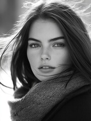Fototapeta premium Stylish teenage girl with flowing brunette hair and piercing eyes wrapped in a scarf walking through an urban landscape in black and white tones.