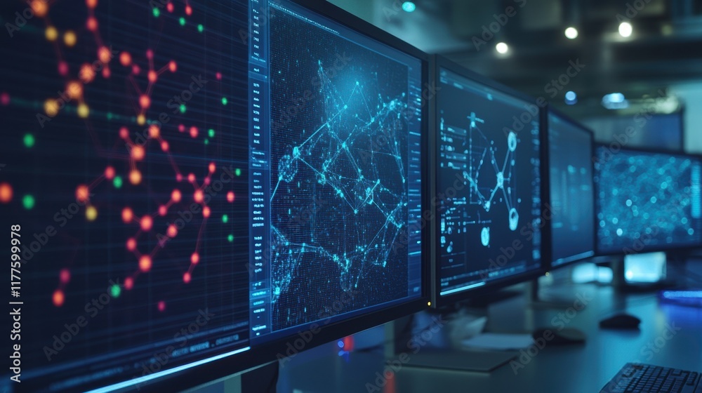 Poster multiple computer screens displaying various colorful graphs, data analysis charts, and network conn