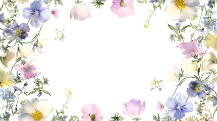 Fototapeta premium Frame of delicate meadow flowers on white background. Stylish fashionable frame. Wedding design. Mother's Day greeting card, spring sale, copyspace banner. Valentine's Day poster.