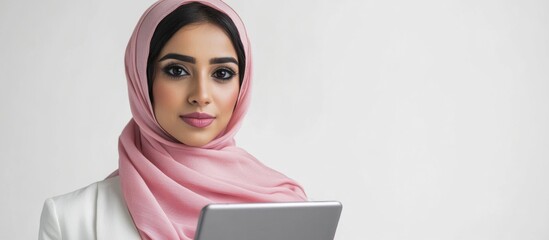 Confident Middle Eastern businesswoman in pink hijab holding tablet PC, standing against a clean white background, representing modern technology and professionalism.