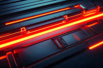 Abstract futuristic technology background with red neon lights and fingerprint scanner, ideal for cybersecurity, science fiction, or tech concepts.