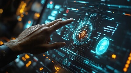 A person interacts with a futuristic touchscreen display