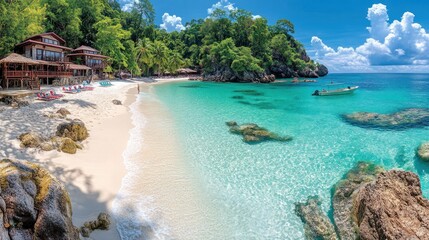 Tropical beach paradise with wooden bungalows, turquoise water, and white sand.