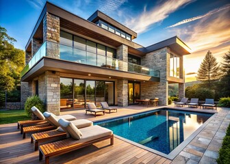 Fototapeta premium Modern Stone House with Swimming Pool and Deck - Luxury Real Estate Photography