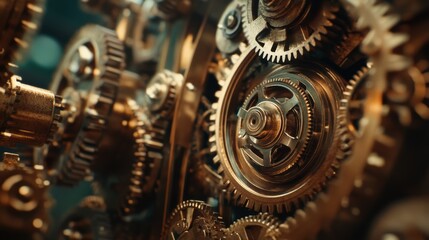 Interlocking metal cogwheels of varying sizes are working together, showcasing precision engineering and the mesmerizing beauty of complex machinery