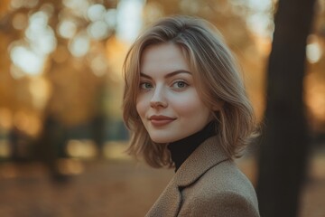 Fototapeta premium Young woman with light brown hair wearing a stylish coat in a sunlit autumn park with vibrant orange and yellow foliage creating a serene atmosphere