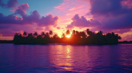 Tropical island paradise at sunset with vibrant colors.