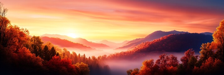 Naklejka premium Autumn Sunrise Mountain Landscape - Serene autumn sunrise over misty mountains, showcasing vibrant foliage, peaceful atmosphere, tranquility, and natural beauty.