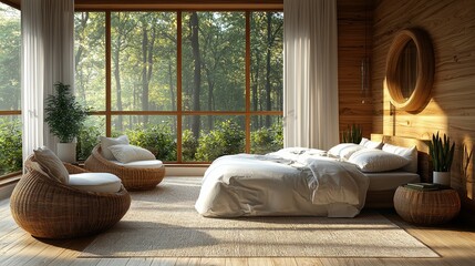 Obraz premium In a minimalist style, this bedroom emphasizes functionality through built-in storage, clean lines, and maintaining a clutter-free environment