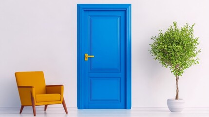 Fototapeta premium Blue Door New Home Interior Design - Modern home, blue door, yellow chair, plant, new beginnings, fresh start.