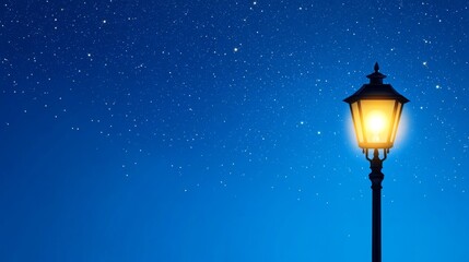 Antique Iron Street Lamppost Night Illumination - A single antique iron lamppost casts a warm glow against a starlit night sky, symbolizing hope, guidance, nostalgia, peace, and illumination.