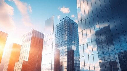 Fototapeta premium Modern office building or business center. High-rise window buildings made of glass reflect the clouds and the sunlight. empty street outside wall modernity civilization. growing up business