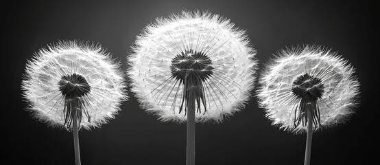 An intimate black and white photograph of a dandelion flower on a black background, producing a negative image, and providing room for additional copy